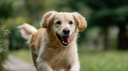 Fototapeta premium Golden Retriever in Motion Among Lush Greenery