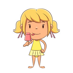 Cute girl eating flavored ice on a stick, swimsuit, summer, drawing