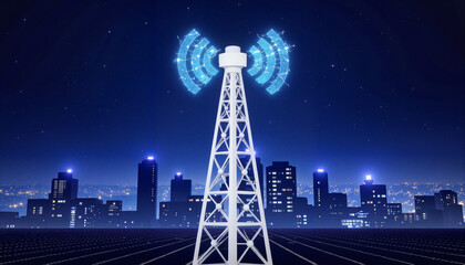 Communication Tower Transmitting Signals at Night Against Cityscape  