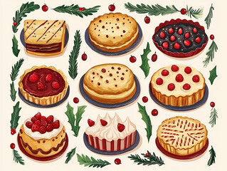 A festive illustration featuring a decorative border of traditional Christmas food items