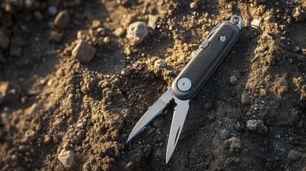 Obraz premium Overhead View of a Leatherman Multitool on the Surface with Metal Blade and Rugged Handle