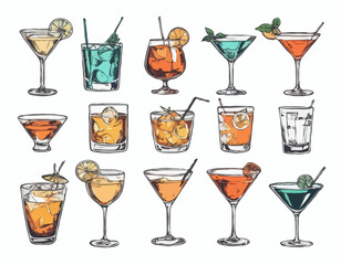 Hand-drawn collection of cocktails and drinks in various glass styles. Vintage ink sketch vector illustrations of classic alcoholic beverages.