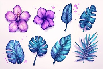 The illustration is a hand-painted clipart of tropical green plants, such as flowers, succulents, and isolated monstera palm leaves, set against a nature foliage background