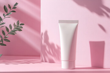 White tube surrounded by various colorful flowers with a vibrant pink background.