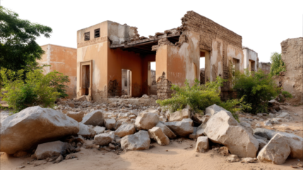 Ruins of Time: A weathered and dilapidated building stands amidst a field of rubble, a stark reminder of the passage of time and the fragility of human structures.