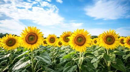 Fototapeta premium Vibrant sunflower field under a partly cloudy sky. 