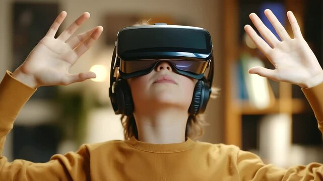 A child wearing AR glasses and headphones, completely immersed in a virtual language learning experience where words and phrases appear in mid-air