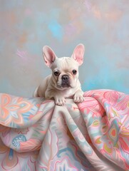 Cute French Bulldog Puppy with Hilarious Facial Expression Sitting on Colorful Patterned Couch