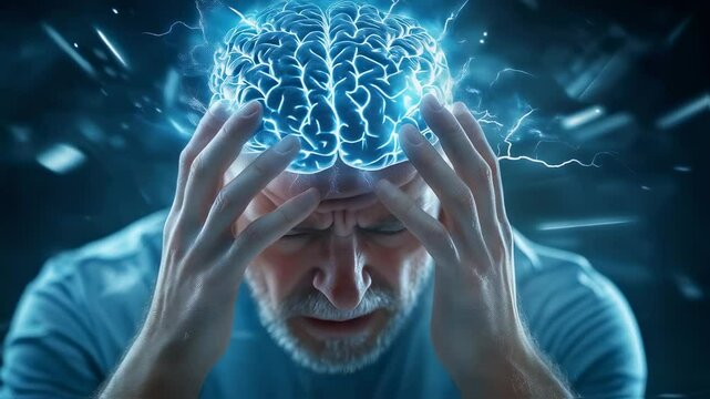 Middle-aged man experiencing intense mental strain, with glowing blue brain visualization showing electrical neurological activity and psychological pressure.