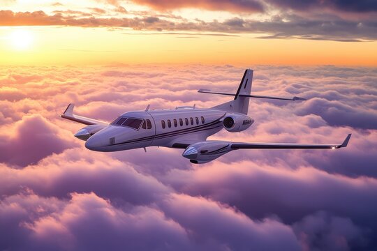 Morning Flight in the Sky: Beechcraft B200 King Air Surrounded by Violet Clouds at Sunrise