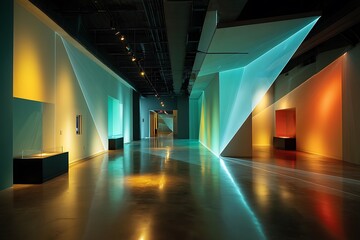 A vibrant and dynamic modern museum hallway illuminated with colorful abstract light installations