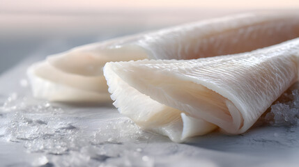 Delicate Raw Dover Sole Fillets on Ice with Ultra Detailed Texture and Light Reflection