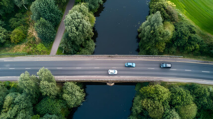 Aerial View Of Cars On Bridge Over Canal Surrounded By Lush Trees