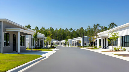 Modern Business Park Row Of Light Gray And White Buildings On Sunny Day