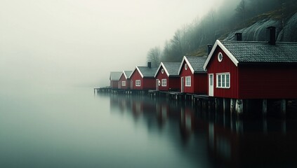 Misty Row of Red Houses by Water