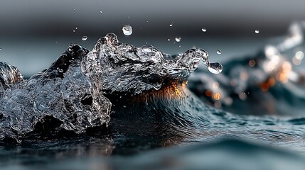 Clear water splash creates dynamic wave, droplets suspended, macro close-up, blurred background