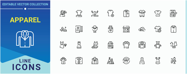 Set of Apparel line icon. Contains such icons as clothes, clothing, dress, suit, skirt and more. Fashion linear icon set. Modern icons collection. Art and illustration.