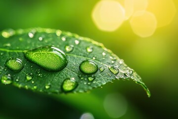Close-up of Fresh Green Leaf with Water Droplets in Sunlight