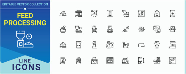 Feed Processing line icon set. Includes symbols for food, farm, plant, farming, factory, production. Feed Production icon collection. Icons for UI designs. Editable vector. Pixel perfect. © Rubbble