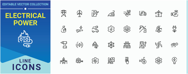 Electrical Power modern icon set. Contain linear sign electrical, energy, solar, solar power, eco and more. Electricity vector icon set. Minimalist icons collection. Editable vector.