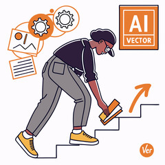 Business professional, climbing stairs, gear icons, AI vector logo
