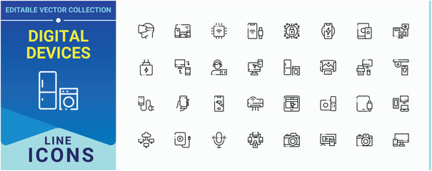 Digital Devices icon set. Contains outline symbols like tech, gadget, technology, electronics and more. Electronic Devices linear icon collection. Icons for website. Pictogram and infographic.