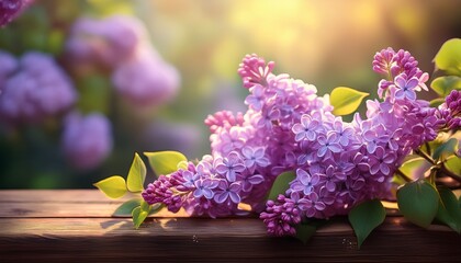 Frische Fliederbl&uuml;ten auf Holzplatte im sanften Licht
