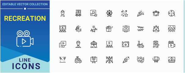 Recreation line icon set. Containing vacation, festival, activity, sport, celebration, holiday and more. Entertainment icon set. Minimal thin line web icons set. Vector illustration.