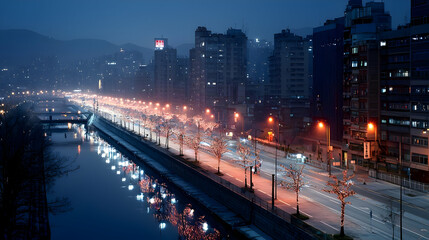 Obraz premium Night Cityscape With River Reflections And Illuminated Roads