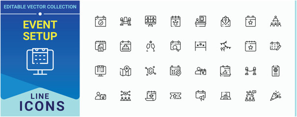 Event Setup line icon set. Contains such icons as catering, birthday, plan, meeting, wedding, event and more. Event Planning icon set. Trendy minimal icons. Editable stroke. Vector collection.