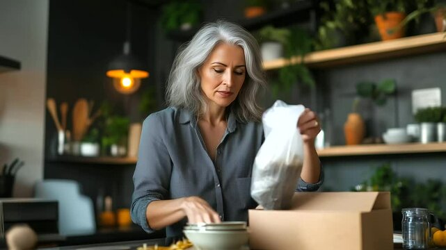 A gray-haired woman in a well-lit modern apartment carefully wraps antique dishes in protective padding, preparing for her move