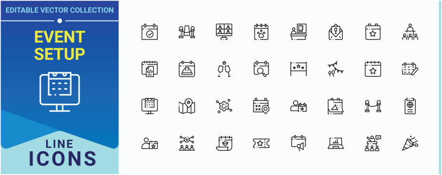 Event Setup line icon set. Contains such icons as catering, birthday, plan, meeting, wedding, event and more. Event Planning icon set. Trendy minimal icons. Editable stroke. Vector collection.