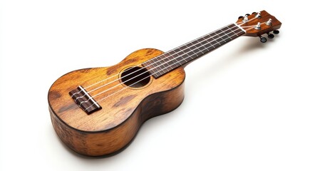 Isolated Hawaiian Ukulele with Four Strings on White Background - Classic Acoustic Music Art in Rich Brown Tones
