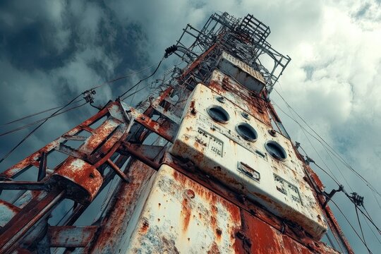 Rusty Power Supply of a Long-Forgotten Radio Tower: Abandoned High Metal Structure in a Cold Landscape
