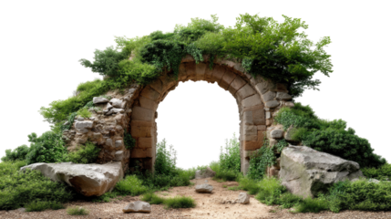 Ancient Archway Embrace Nature's Embrace: A captivating view of weathered stone archway, framed by lush green foliage and set against bright, offers a glimpse of time and natural beauty