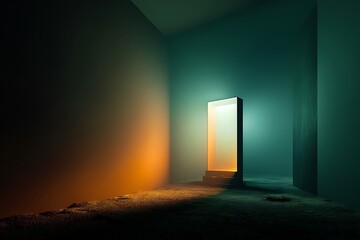 Mysterious glowing portal in a dark room, digital 3D rendering, enigmatic and atmospheric scene