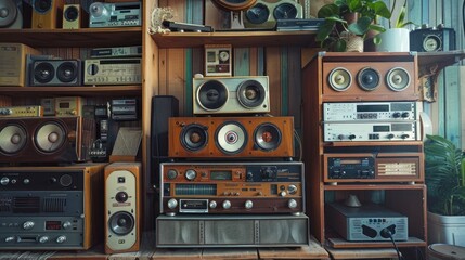 Fototapeta premium Vintage audio equipment collection on wooden shelves