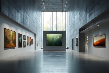 Modern art gallery with large windows and a serene atmosphere