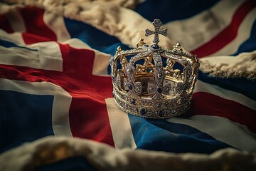 king charles, england king, British flag and crown, illustration of Crown Jewels of the United Kingdom. Ceremony of crowning the king Charles
