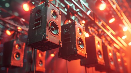 Concert speakers hanging from a metal truss with concert lightning on a musical concert.