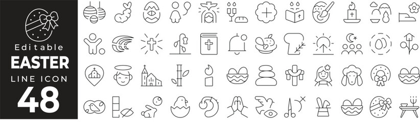 Easter Celebration Icon Set: A Line Icon Collection Featuring Easter Egg, Bunny, Spring, Flowers, Basket, Celebration, Cross, and More
