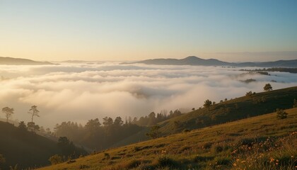 Captivating sunrise over rolling fog-covered hills nature photography tranquil landscape serene environment wide angle view natural beauty