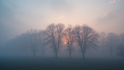 Fototapeta premium Misty sunrise over trees nature landscape foggy environment serene viewpoint tranquil concept