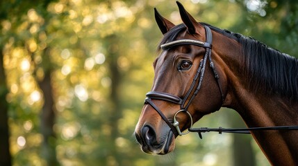 Obraz premium Brown Horse Wearing Blinders in a Summer Park: Equestrian Portrait of a Fast Animal
