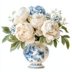 A beautiful bouquet of peonies in a decorative vase, featuring soft white and blue tones, bringing elegance and charm to any space.