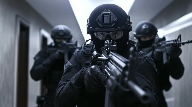 A cinematic low-angle view of a SWAT squad moving through a high-rise building&rsquo;s hallway, rifles ready, with bulletproof shields leading the charge