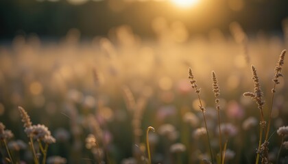 Golden hour serenity field of wildflowers at sunset nature photography tranquil environment wide angle viewpoint