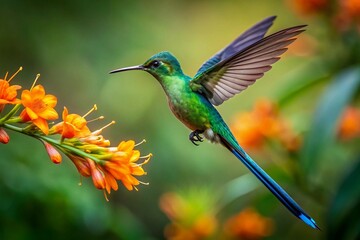 Fototapeta premium Long-tailed Sylph hummingbird in flight near orange bloom, tropical wildlife from Colombia's jungle