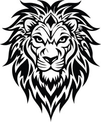 Stylized Tribal Lion Head Design Black and White Vector Illustration