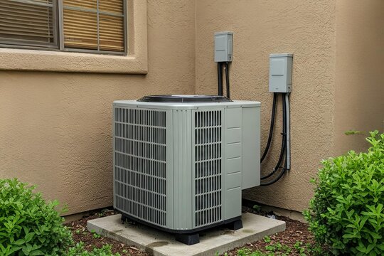 Residential Air Conditioner Unit: A Modern Outdoor AC Condenser Installed Beside a Beige House Wall and Window, Surrounded by Green Bushes